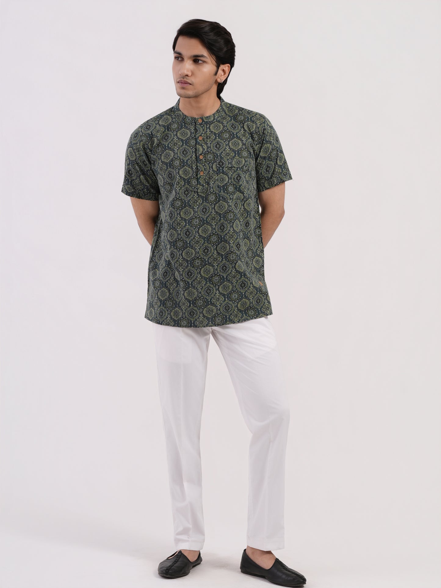 Aqua Green with Kantha and Ajrakh print Bushirt