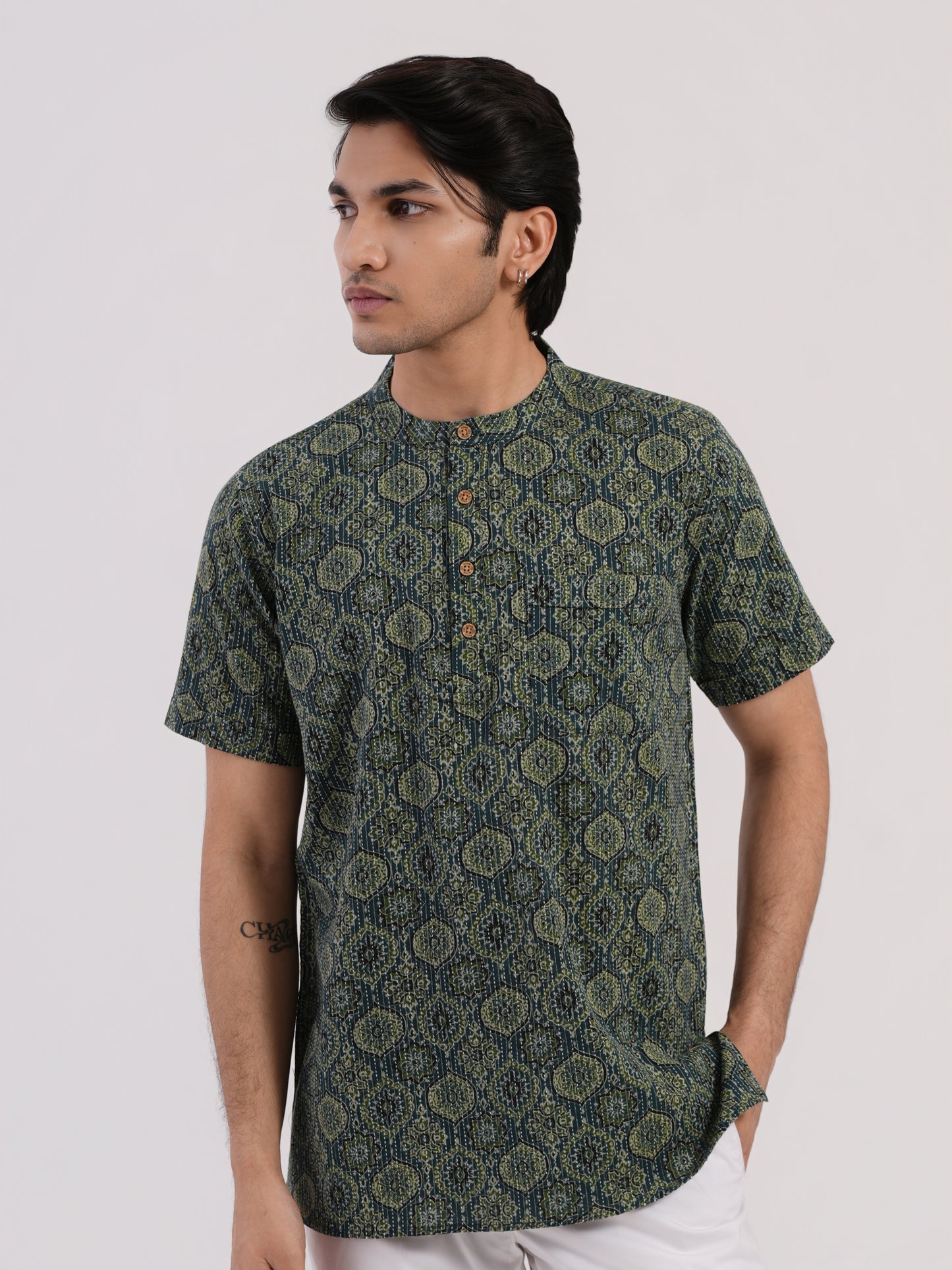 Aqua Green with Kantha and Ajrakh print Bushirt