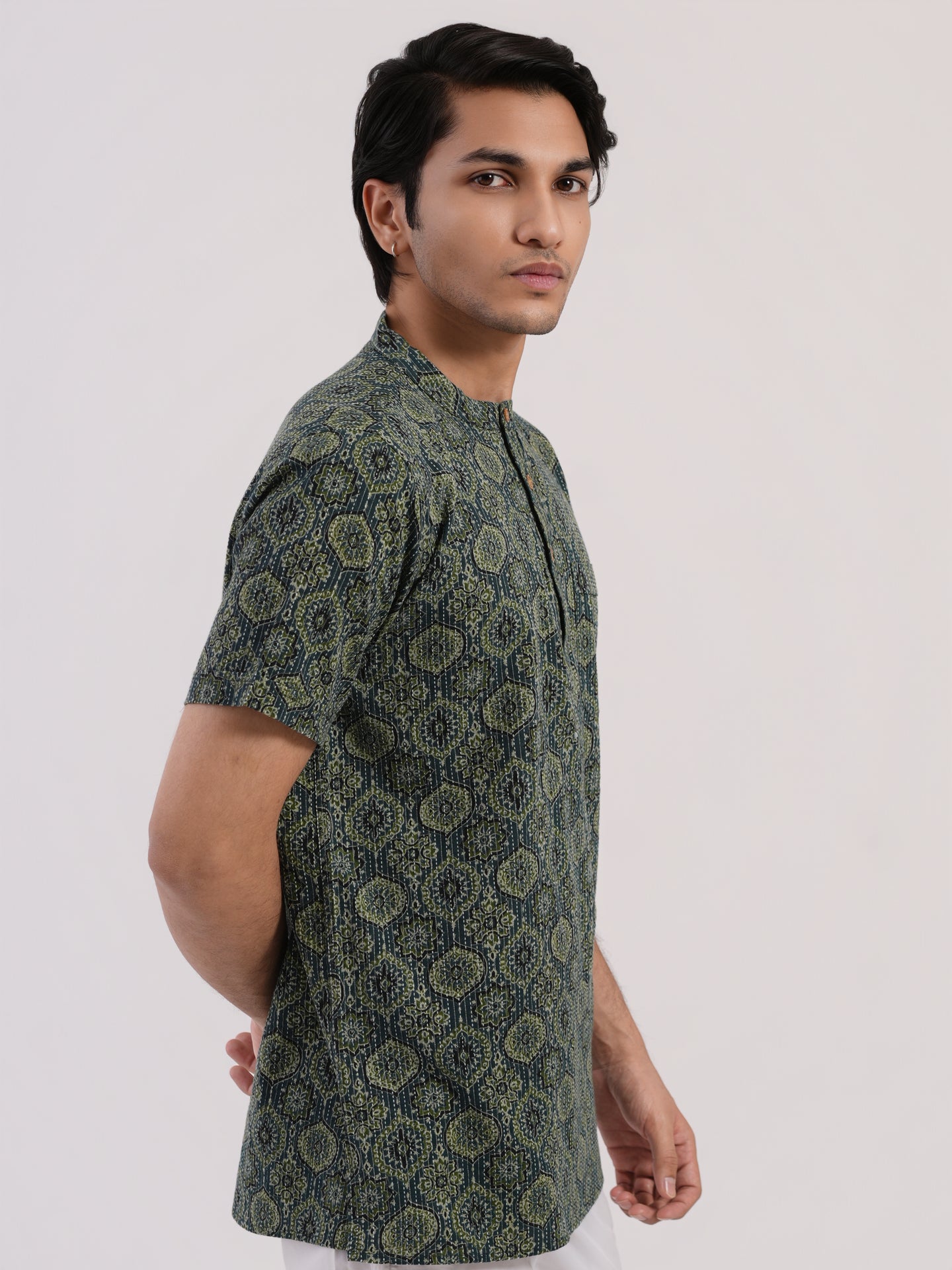 Aqua Green with Kantha and Ajrakh print Bushirt