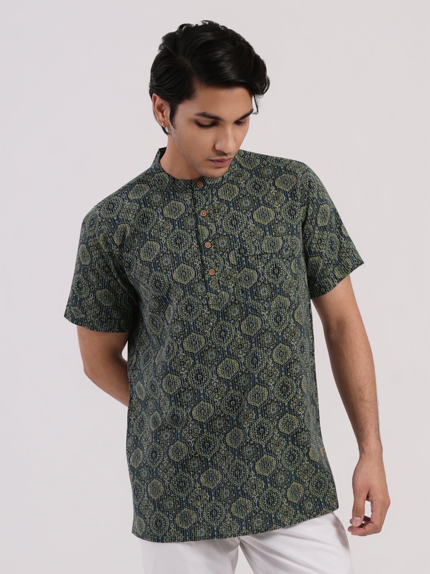 Aqua Green with Kantha and Ajrakh print Bushirt