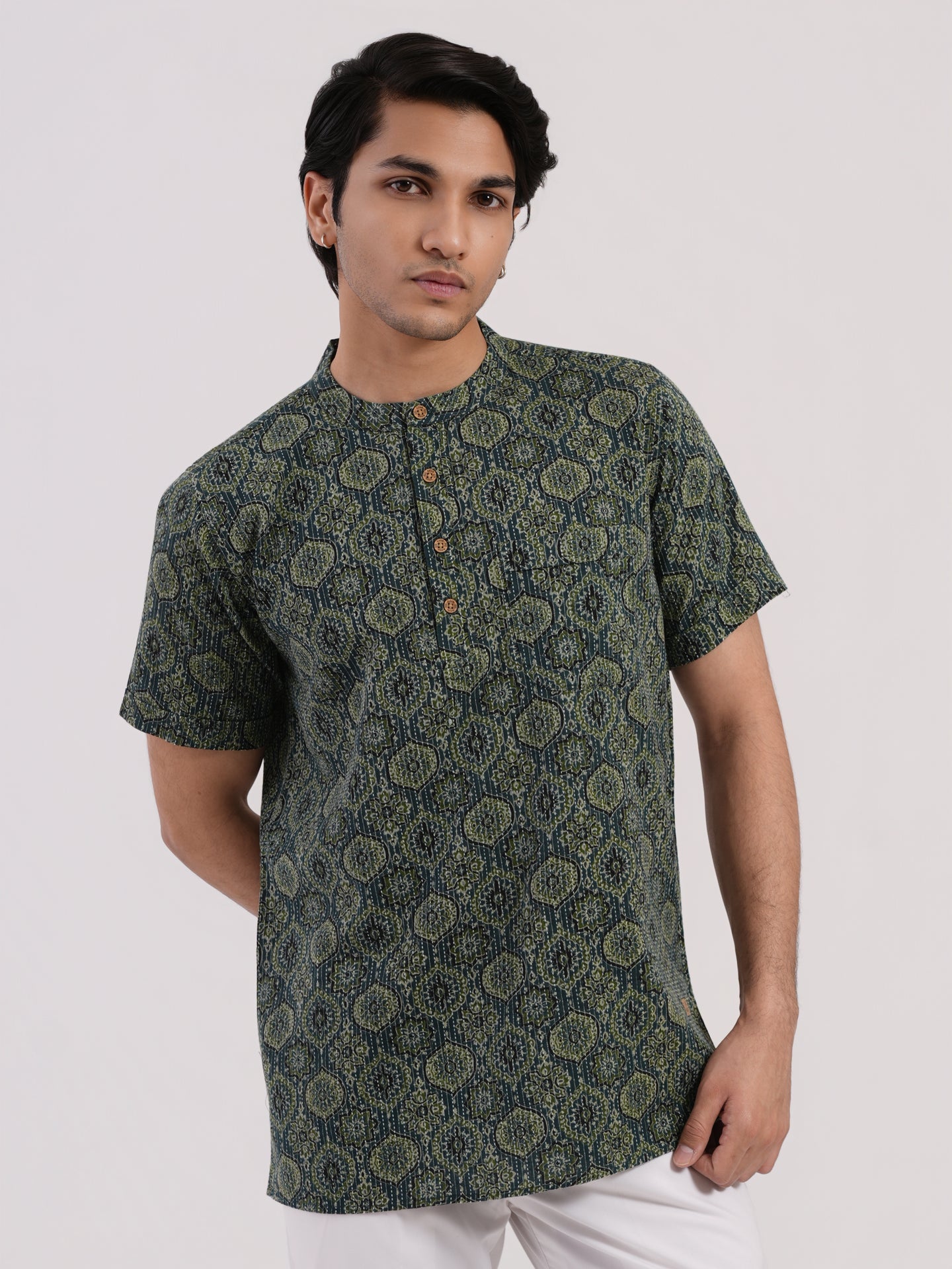 Aqua Green with Kantha and Ajrakh print Bushirt
