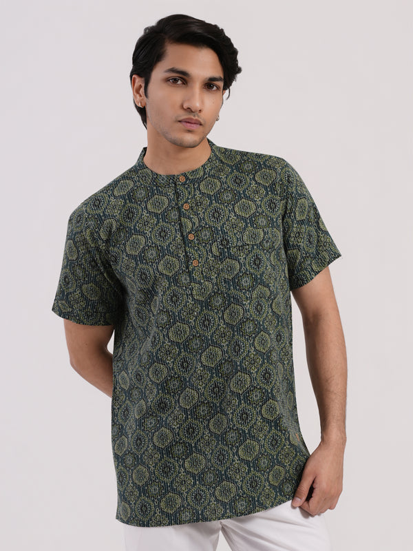 Aqua Green with Kantha and Ajrakh print Bushirt