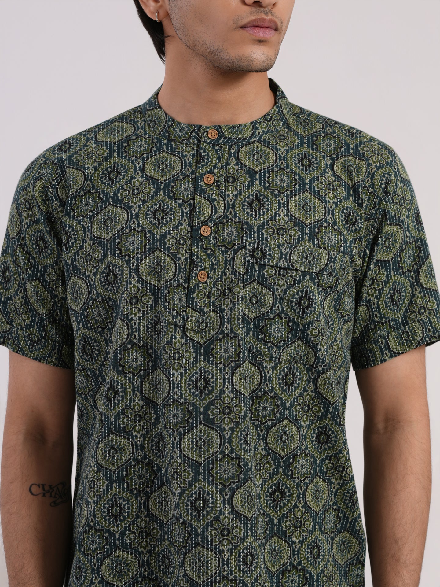Aqua Green with Kantha and Ajrakh print Bushirt