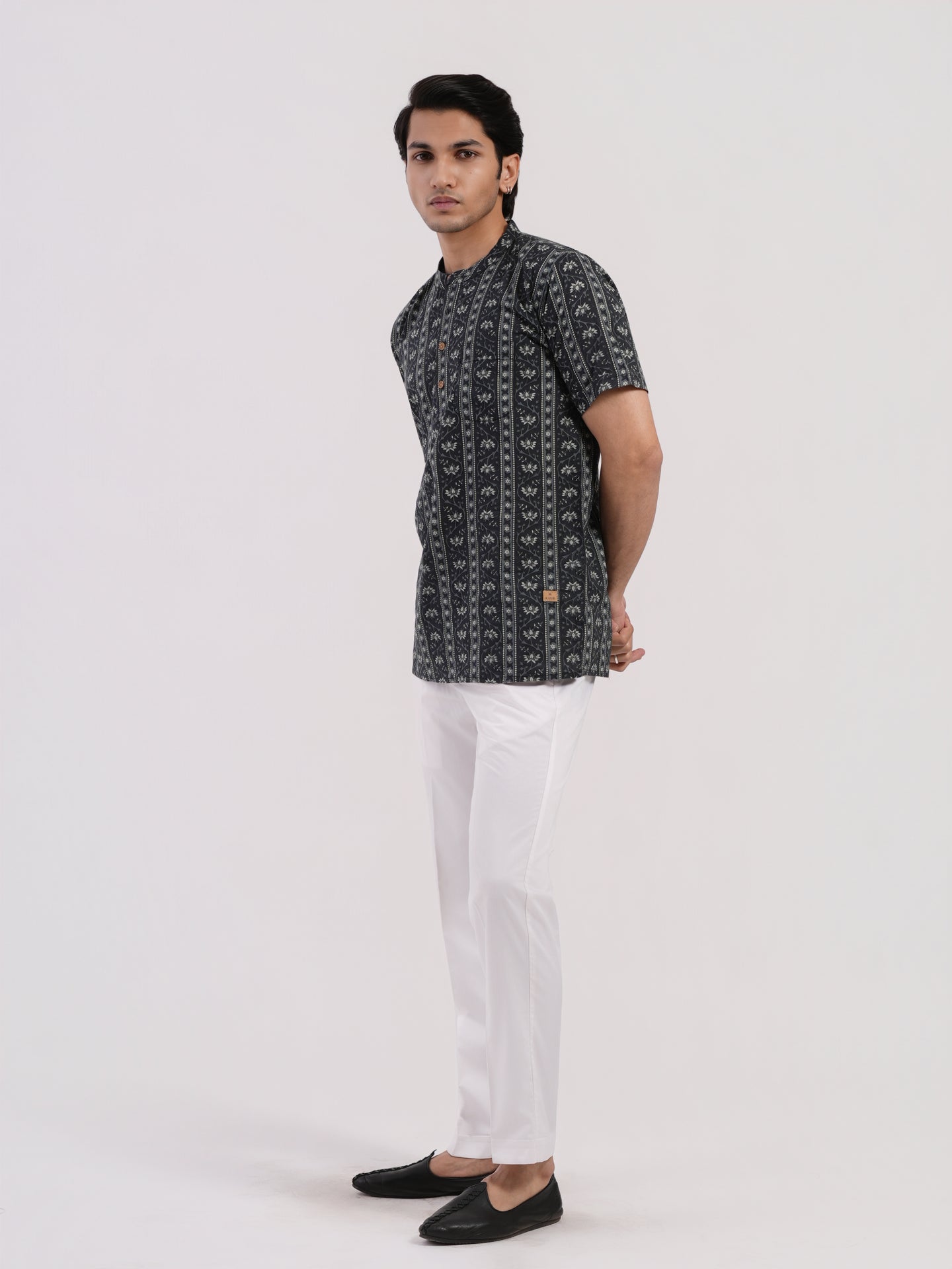 Ash Grey with Floral Strips Print Bushirt