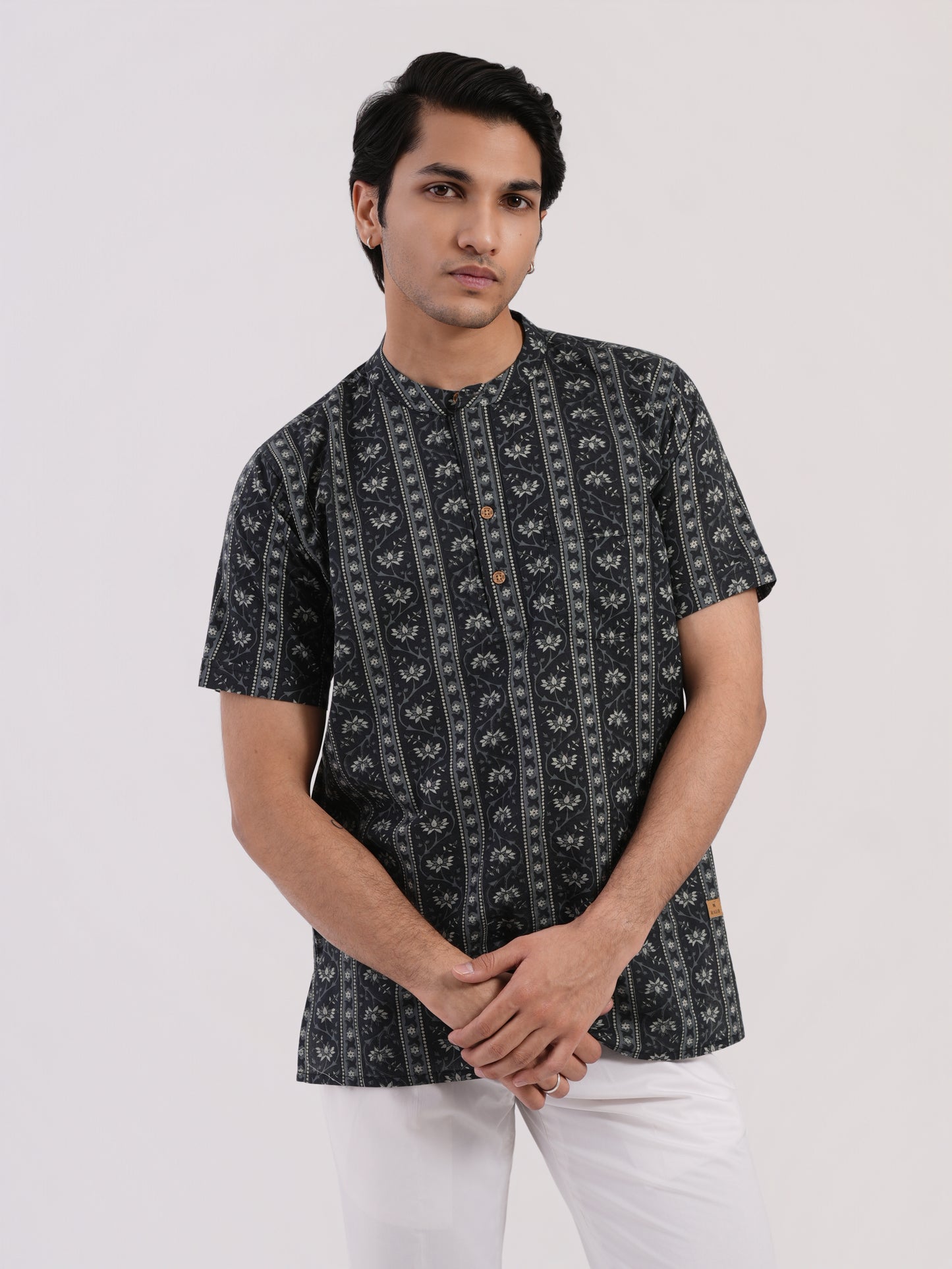 Ash Grey with Floral Strips Print Bushirt
