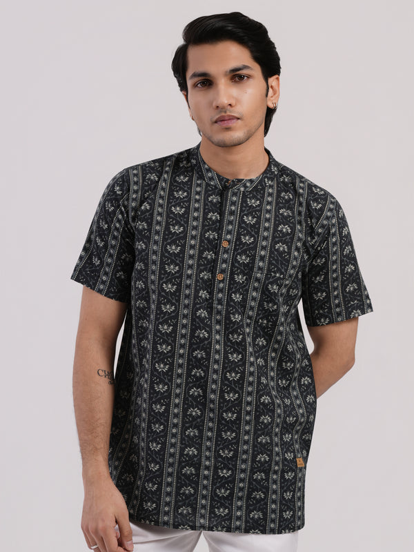 Ash Grey with Floral Strips Print Bushirt