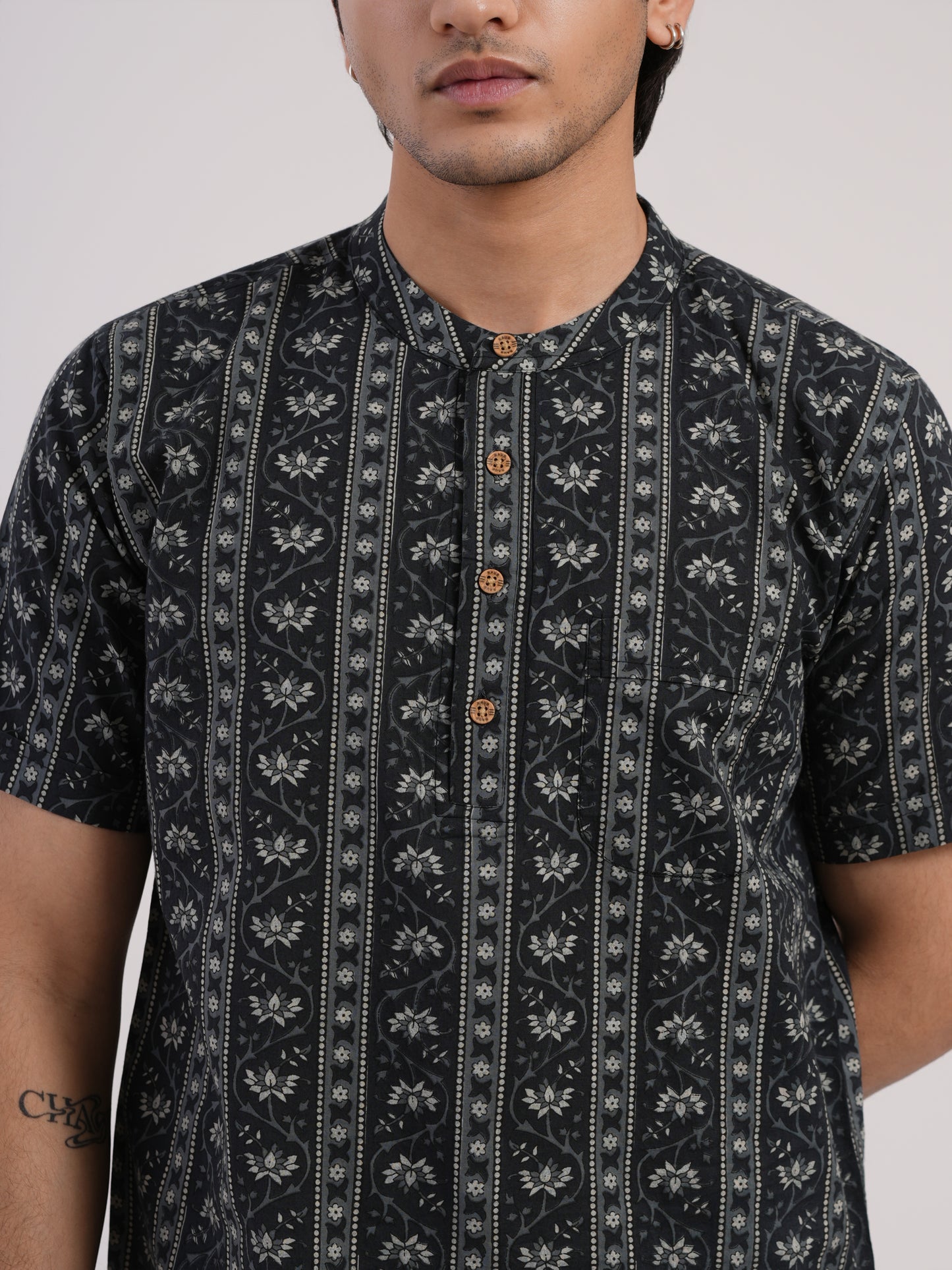 Ash Grey with Floral Strips Print Bushirt