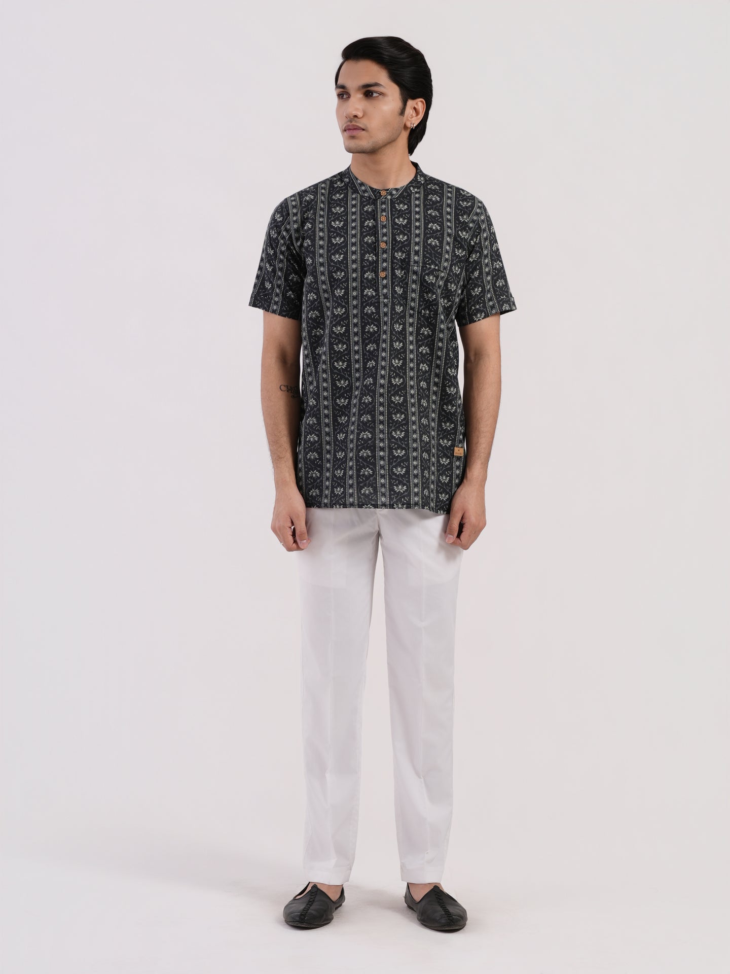Ash Grey with Floral Strips Print Bushirt