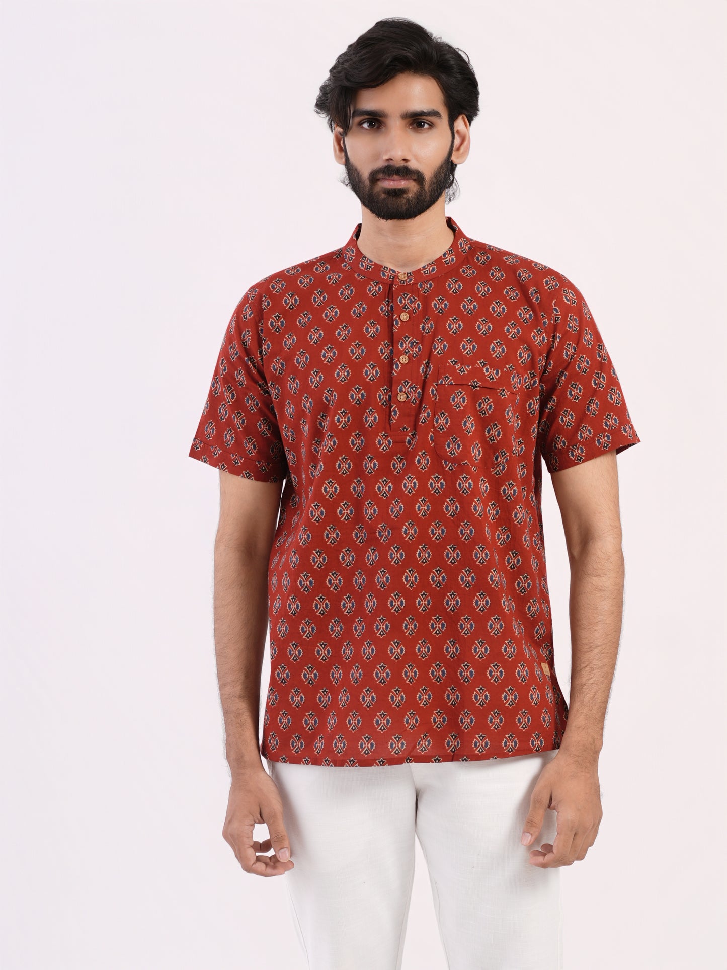 Crimson Red with Black Blue All Over Buti Printed BUSHIRT