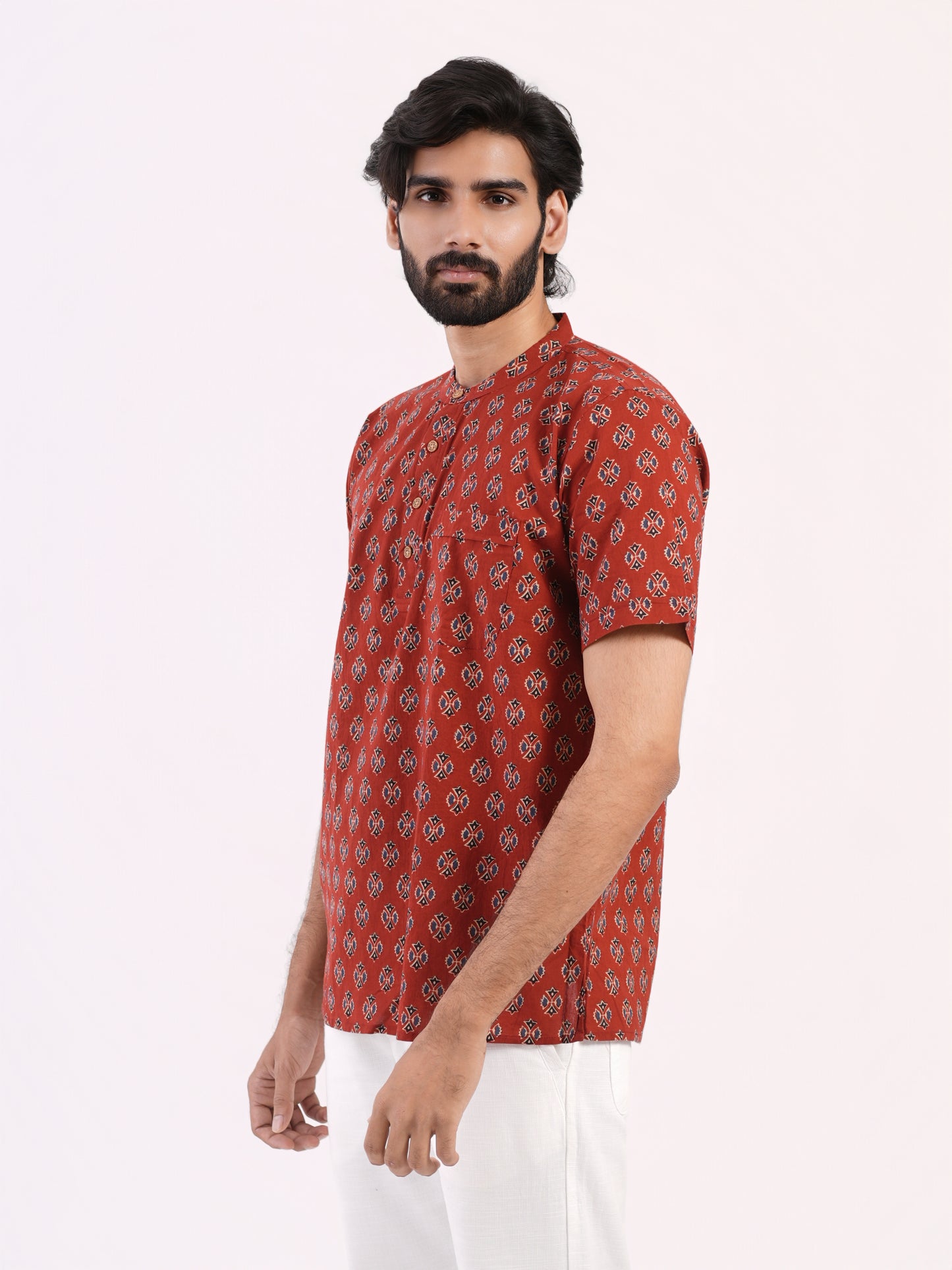 Crimson Red with Black Blue All Over Buti Printed BUSHIRT