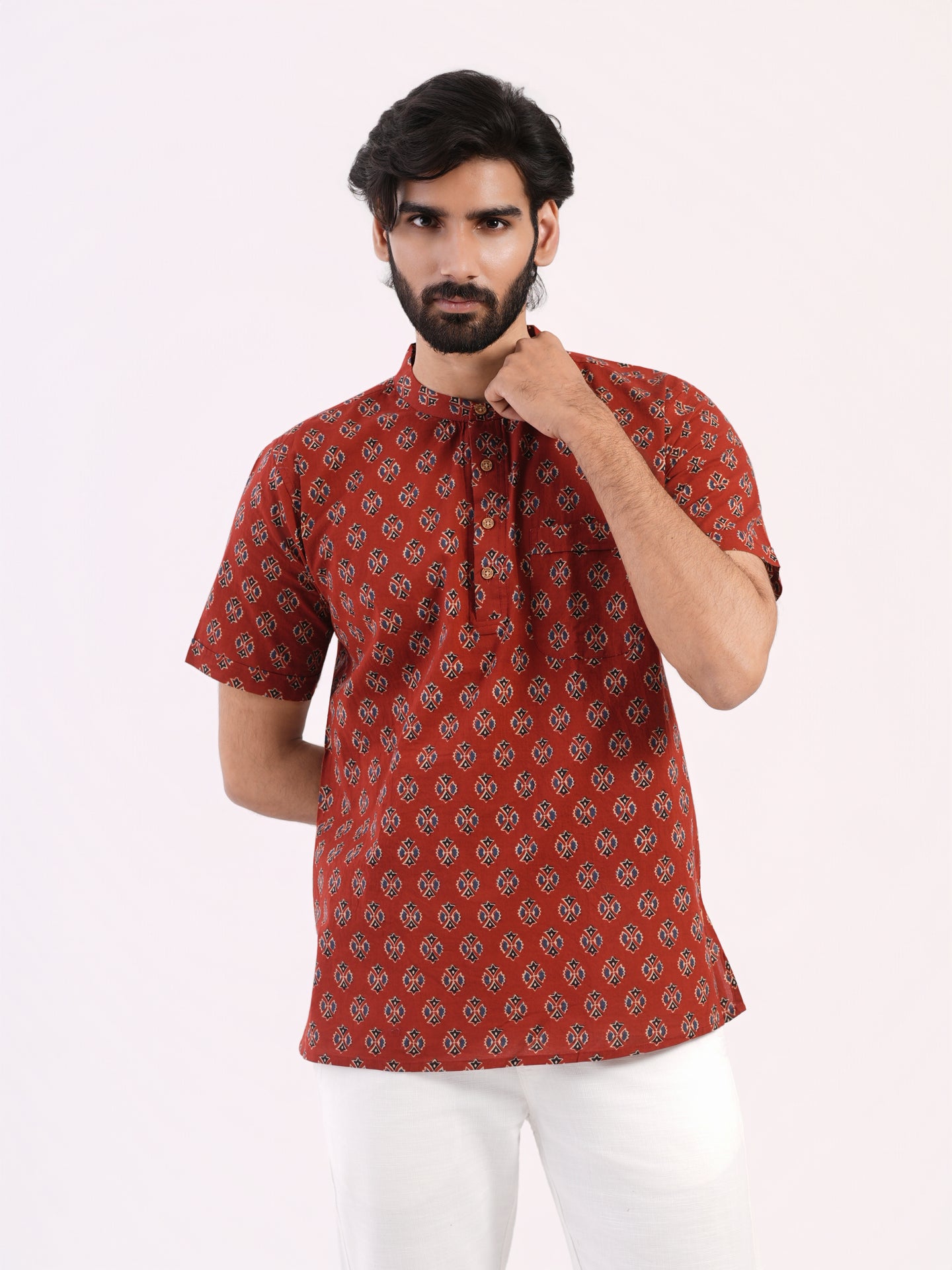 Crimson Red with Black Blue All Over Buti Printed BUSHIRT