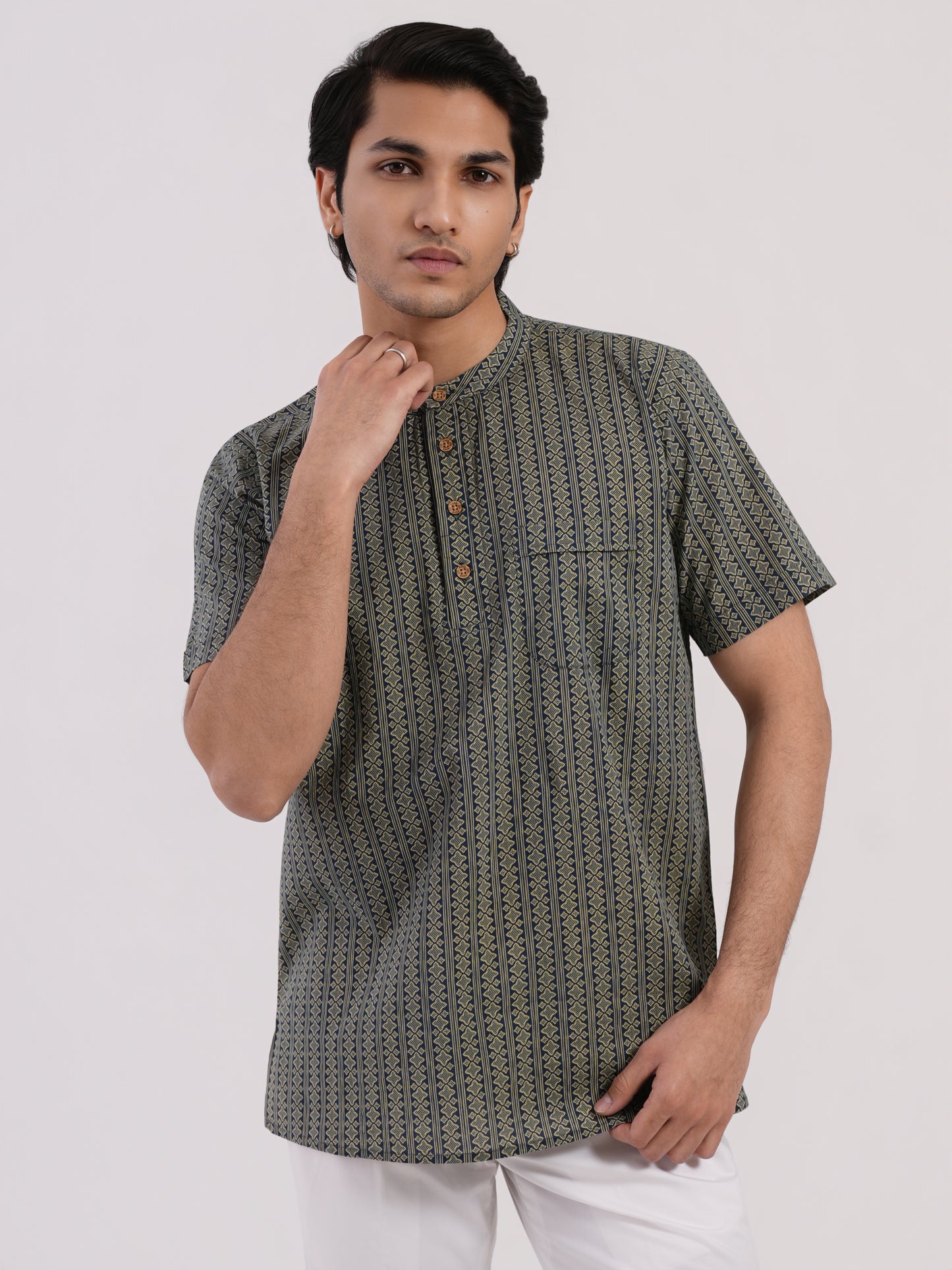 Deep Indigo Blue with Beige Ethnic Geometric Print