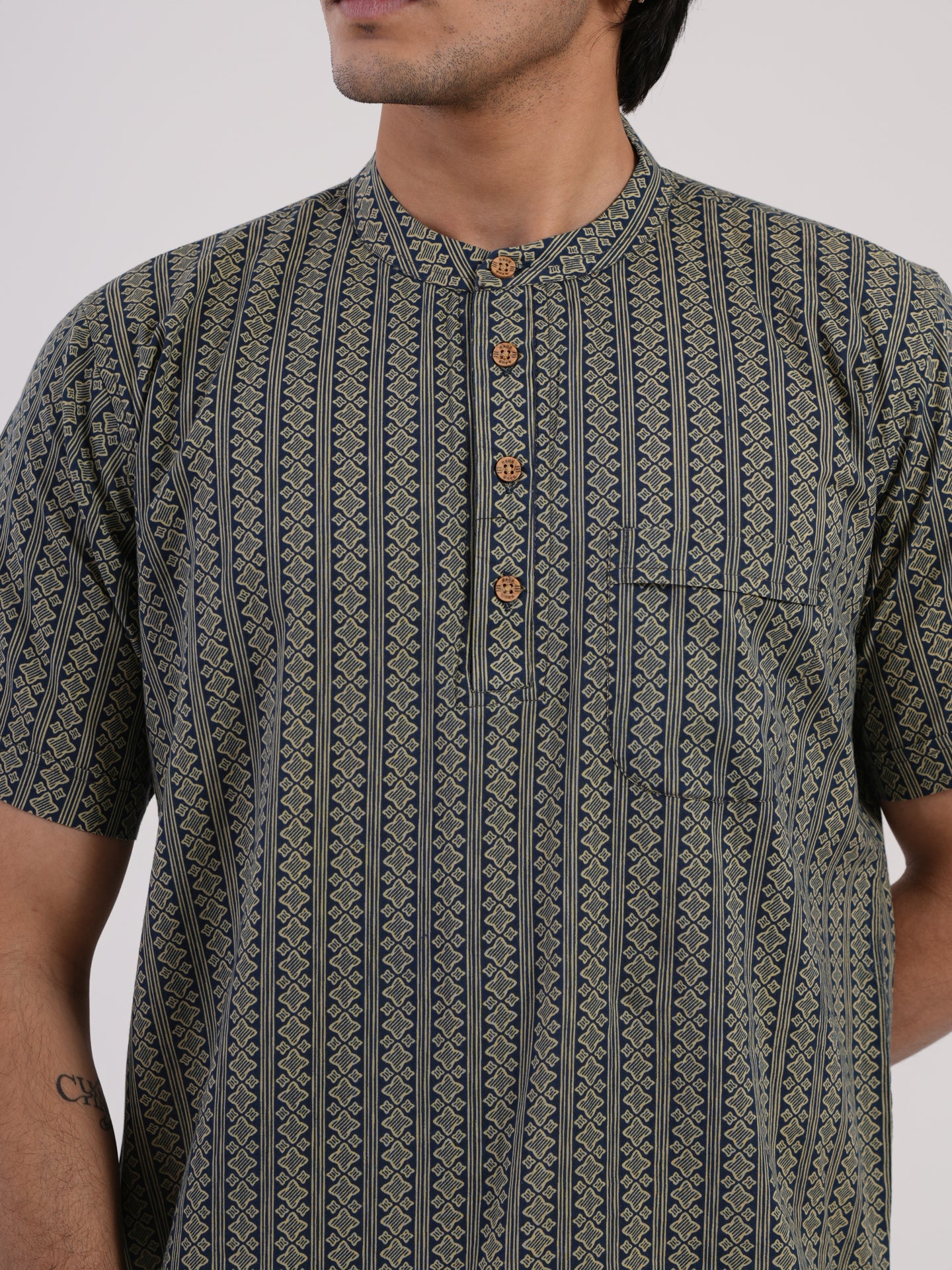 Deep Indigo Blue with Beige Ethnic Geometric Print