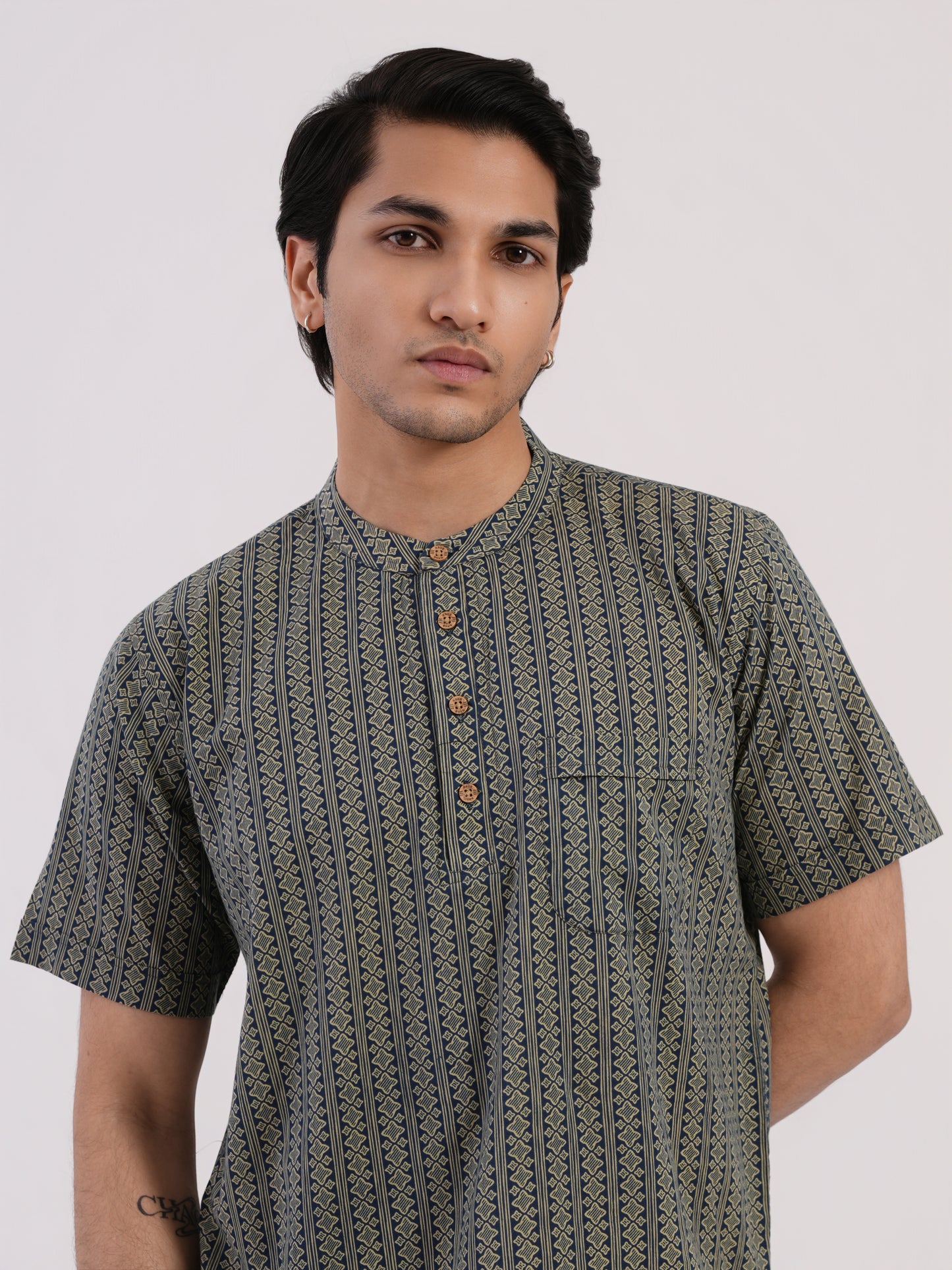 Deep Indigo Blue with Beige Ethnic Geometric Print