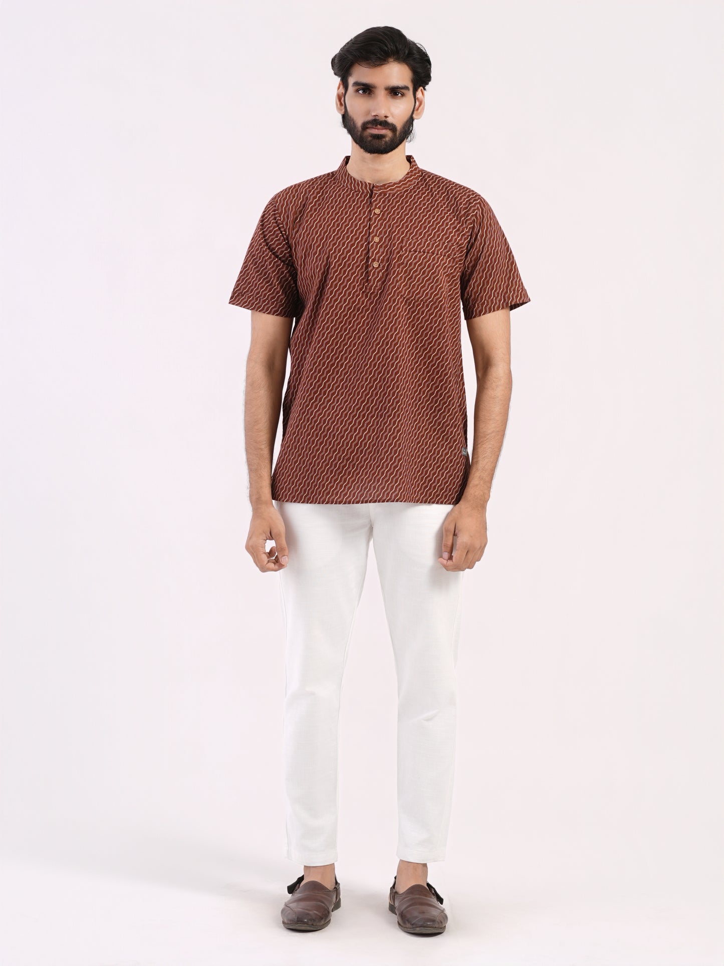 Rust Brown With Wavy Strips Prints Bushirt