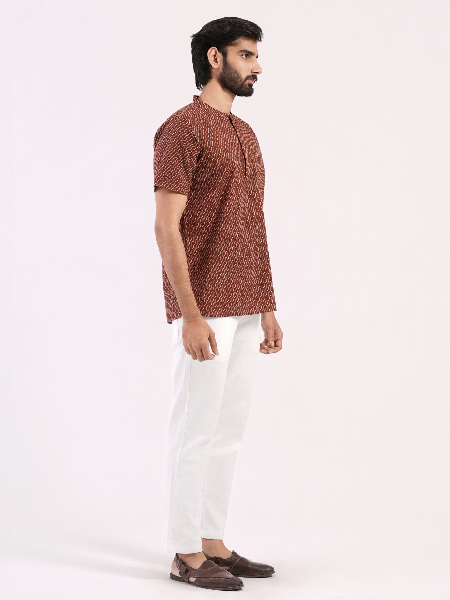 Rust Brown With Wavy Strips Prints Bushirt