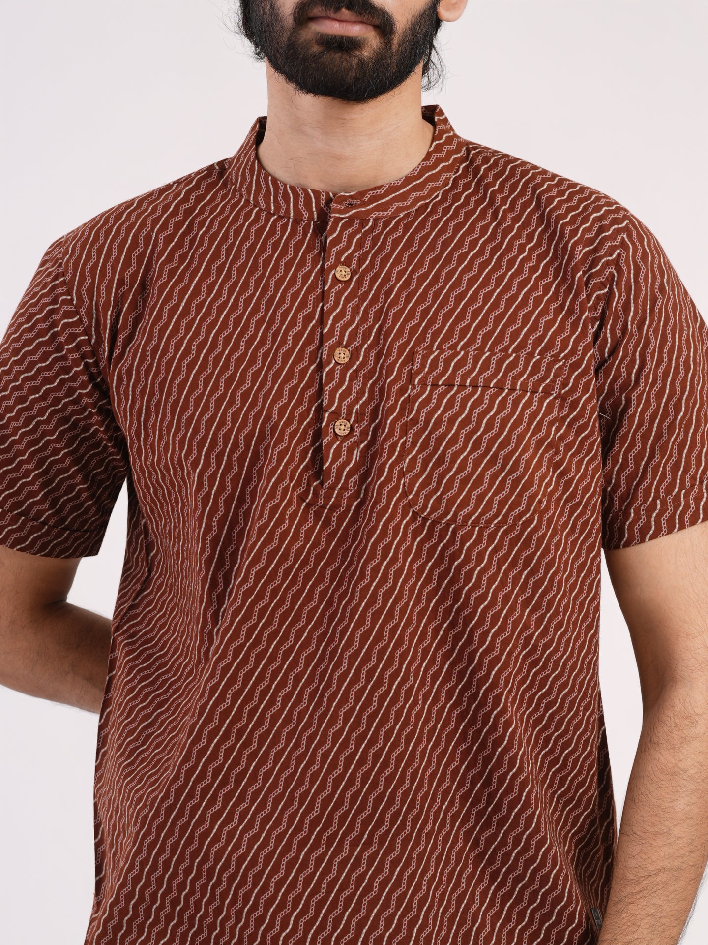 Rust Brown With Wavy Strips Prints Bushirt