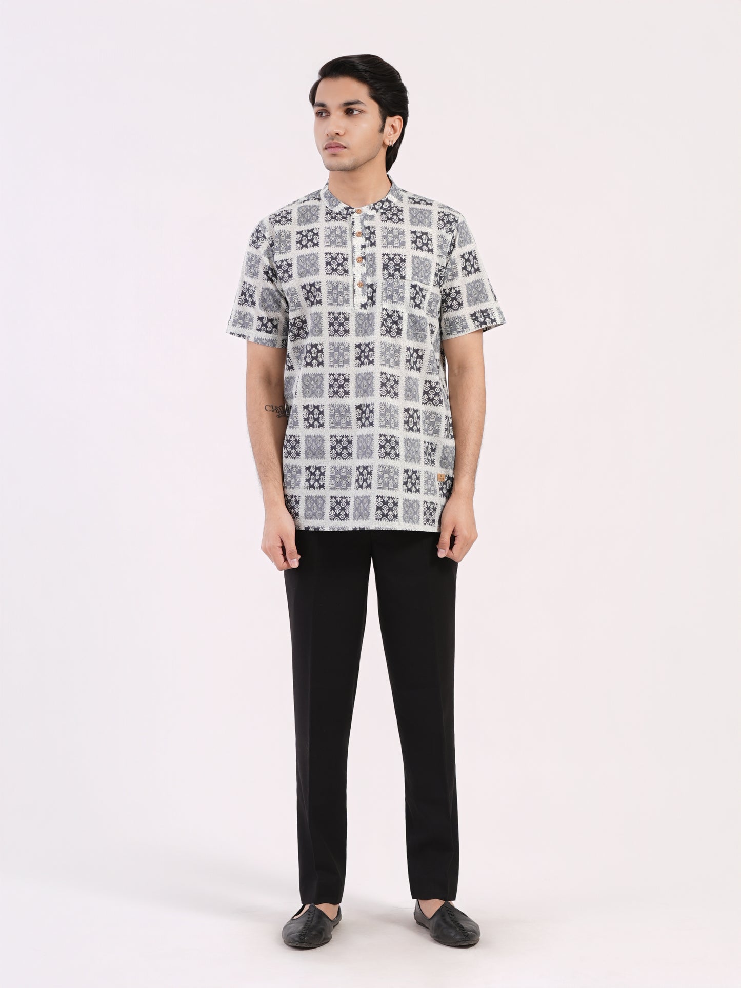 Slate Grey Geometric Indian Print Bushirt