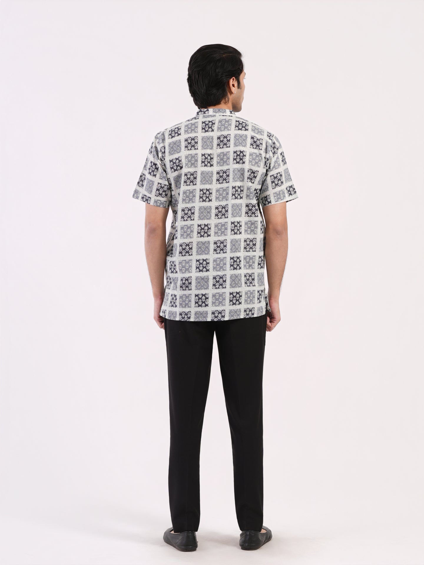 Slate Grey Geometric Indian Print Bushirt