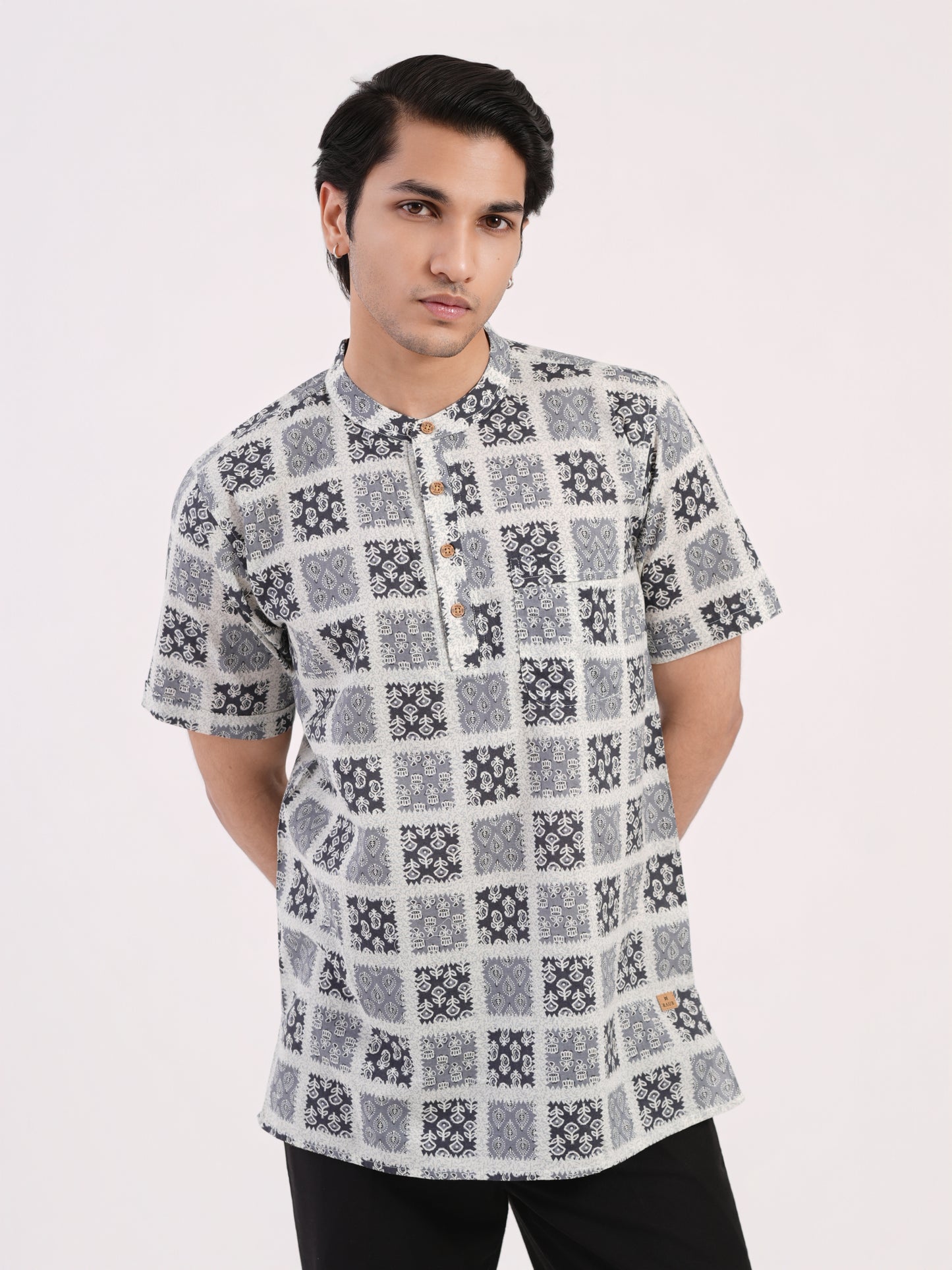 Slate Grey Geometric Indian Print Bushirt