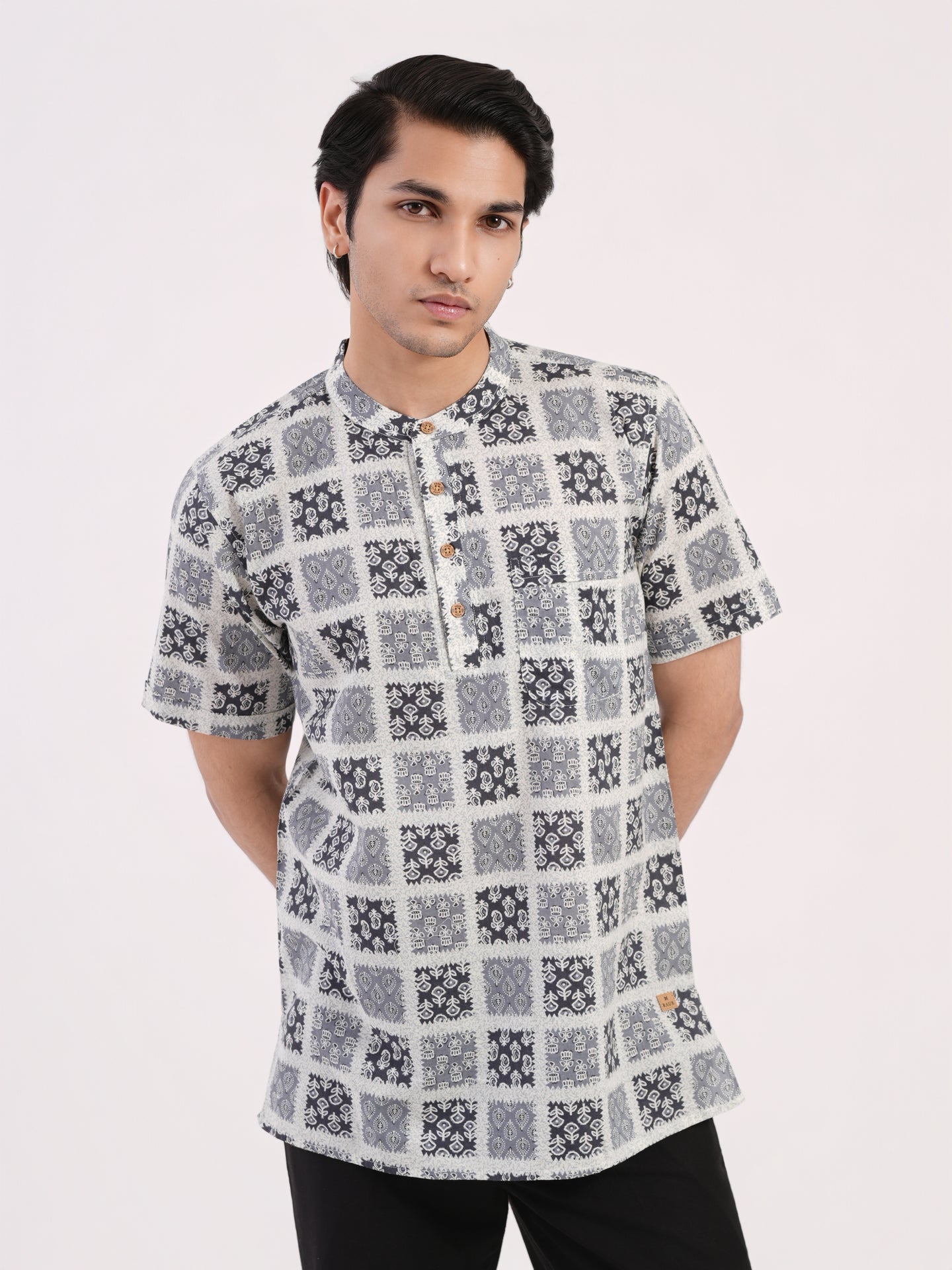 Slate Grey Geometric Indian Print Bushirt