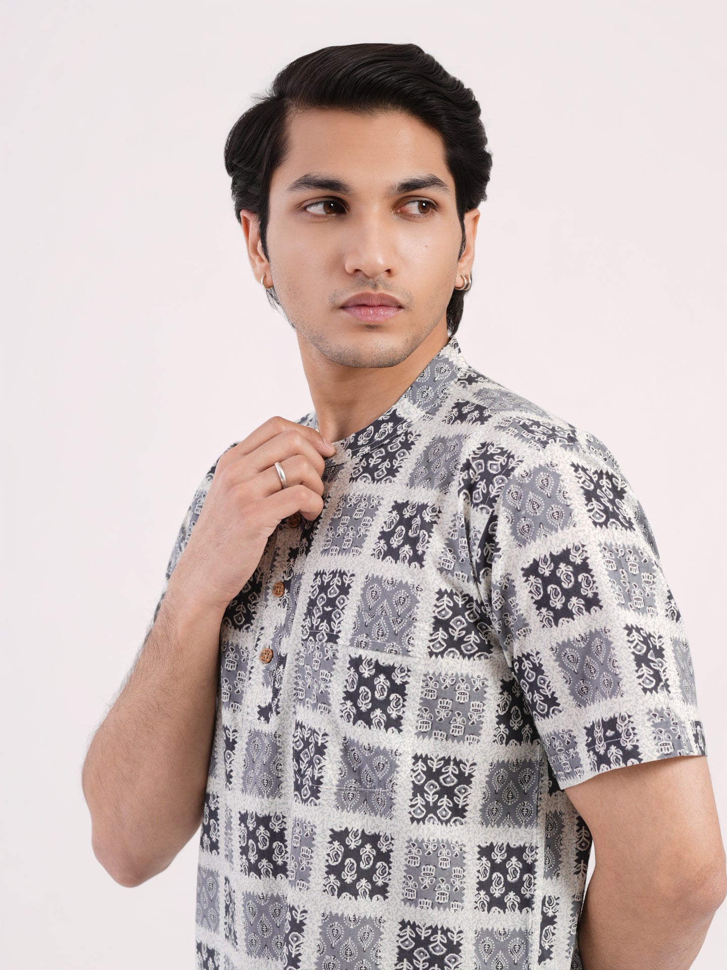 Slate Grey Geometric Indian Print Bushirt
