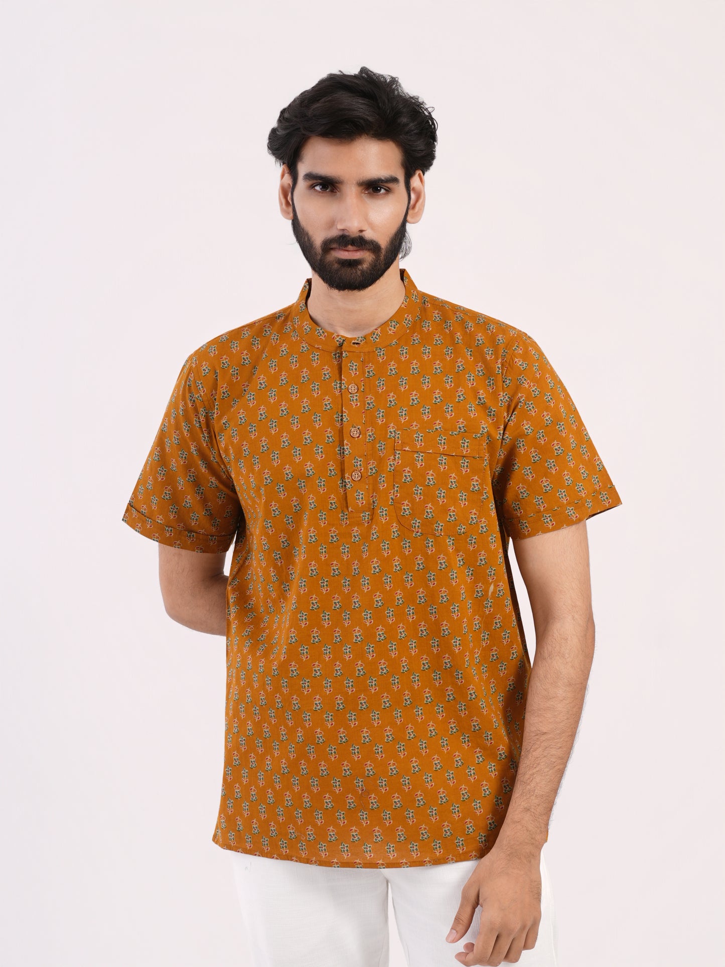 Mustard Small Buti Floral Print Bushirt