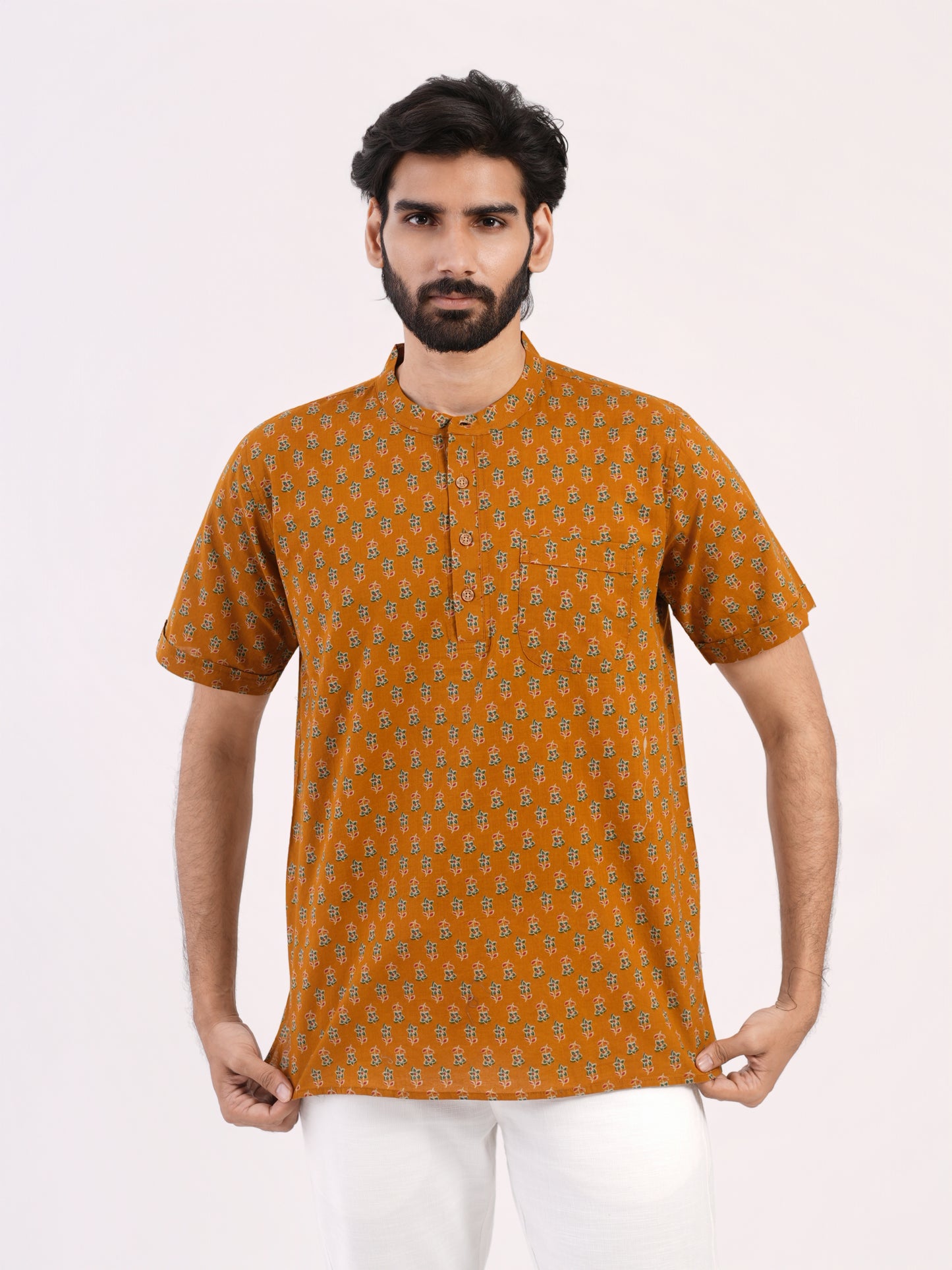 Mustard Small Buti Floral Print Bushirt