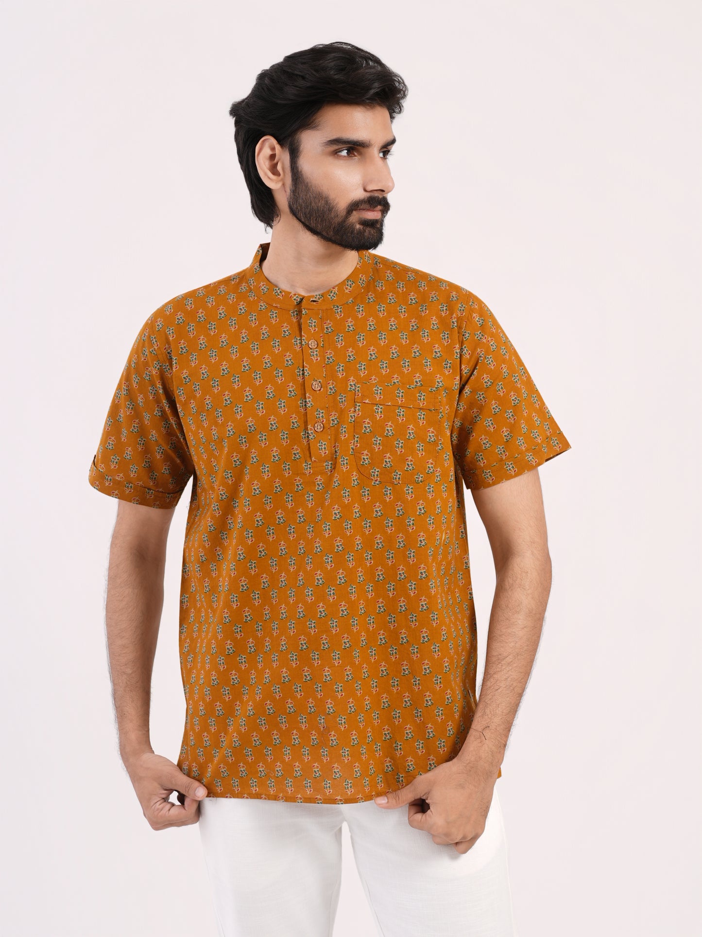 Mustard Small Buti Floral Print Bushirt